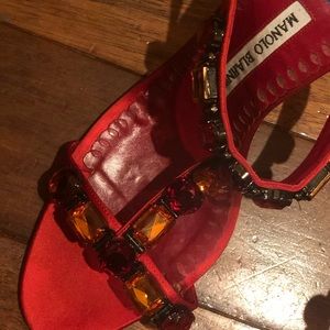 Manikin Blahnik red jeweled satin heels